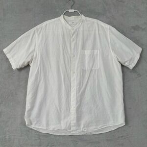 Uniqlo Shirt Mens XL White Cotton Linen Blend Button Up Short Sleeve Beach Band